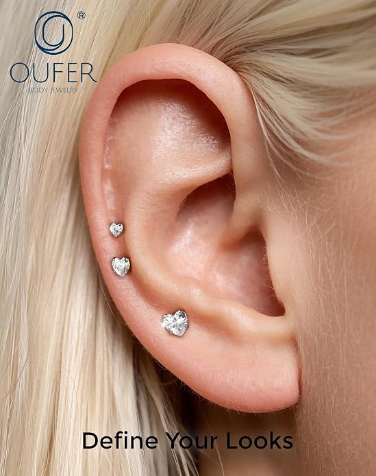 OUFER 18G 6/7/8MM Flat Back Cartilage EarRings-3PCS Gold Titanium Extended Internally Threaded Lip Piercing 2/3/4MM Round Clear CZ Helix Piercing Jewelry