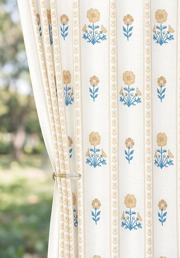 THREE GIRLS Pinch Pleated Light Filtering Linen Blend Floral Block Print Curtains for Living Room, Bedroom, Farmhouse, Memory Trained, Hooks, 2 Panels Set, 40"x108", Yellow