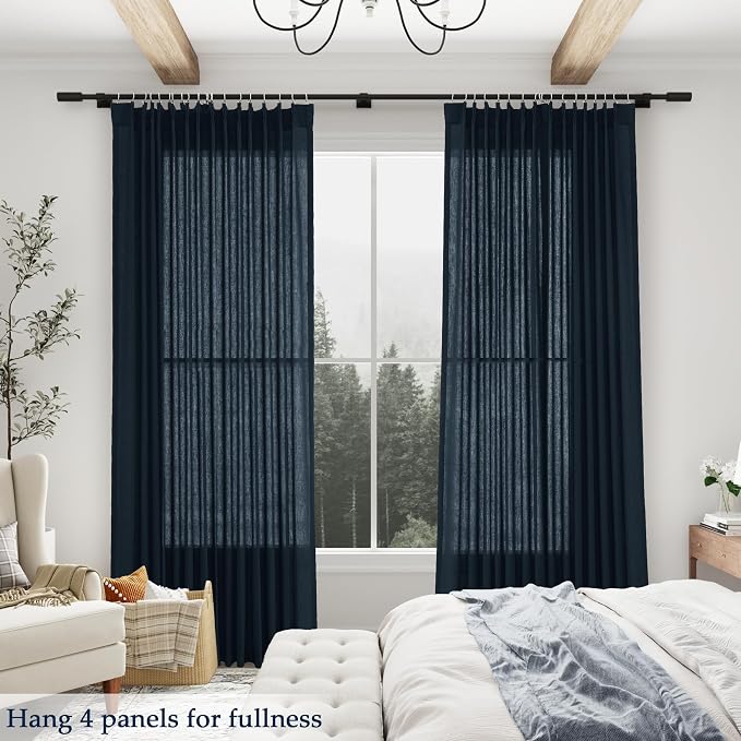 Aersas Navy Blue Pinch Pleated Linen Curtains 84 Inch Length 2 Panels for Living Room Bedroom Semi Sheer Window Curtain Boho Neutral Back Tab Pinch Pleat Drape with Hooks 84 Inches Long 40x84