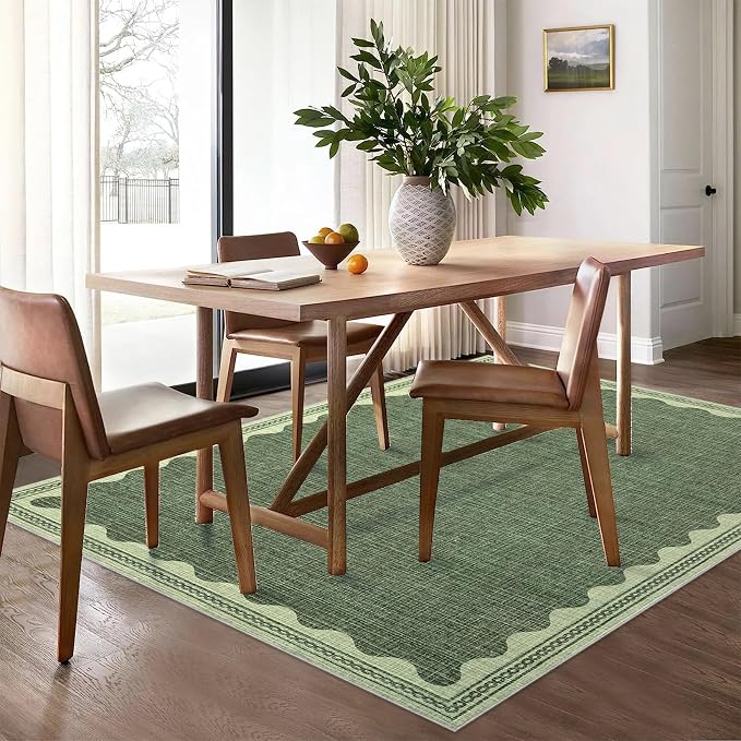 8x10 Scalloped Area Rugs Green Washable Living Room Bedroom Rug | Solid Tan Rug for Bedroom Girls, Non Slip Throw Carpet With Rubber Back, Soft Dorm Nursery Scalloped Rugs for Dining Room