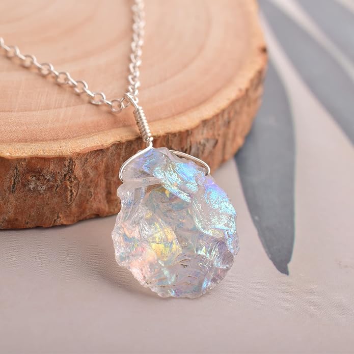Natural Angel Aura Quartz Crystals Pendant Necklace, Cabochon Gemstone, Energy Healing Crystals, Birthday, Gift for Her, Gemstone Jewelry 18 inch AAA+ Quality