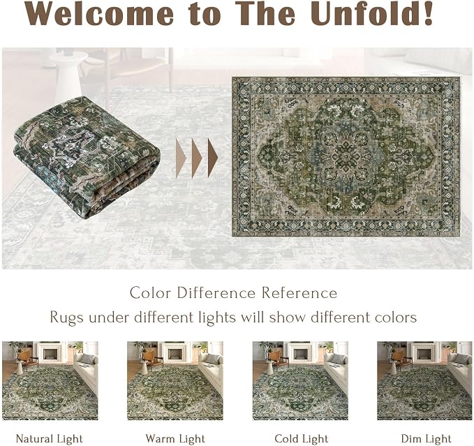 LUXRUG 6x9 Area Rug for Living Room - Large Oriental Washable Rugs for Bedroom Non-Slip Moss Green Boho Medallion Dining Room Rug Farmhouse Low-Pile Carpet Soft Vinatge Rug for Office Guest Room