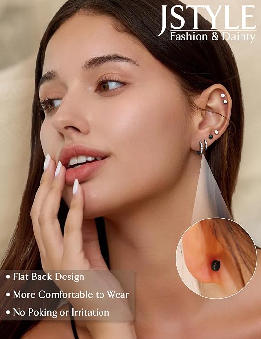 Jstyle Hypoallergenic Stud Hoop Earrings for Women Small Flat Back Surgical Stainless Steel Earrings for Sensitive Ears Trendy Silver Hoops Cartilage Earring Stacks Set Multiple Piercing Jewelry Gifts