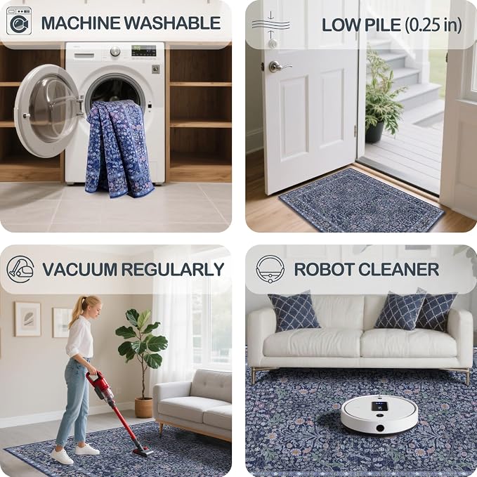 4x6 Area Rug for Bedroom Beside Rug, Laundry Room, Entryway, Kitchen, Washable Non-Slip Low Pile Ultra Soft Stain Resistant Carpet (Blue)