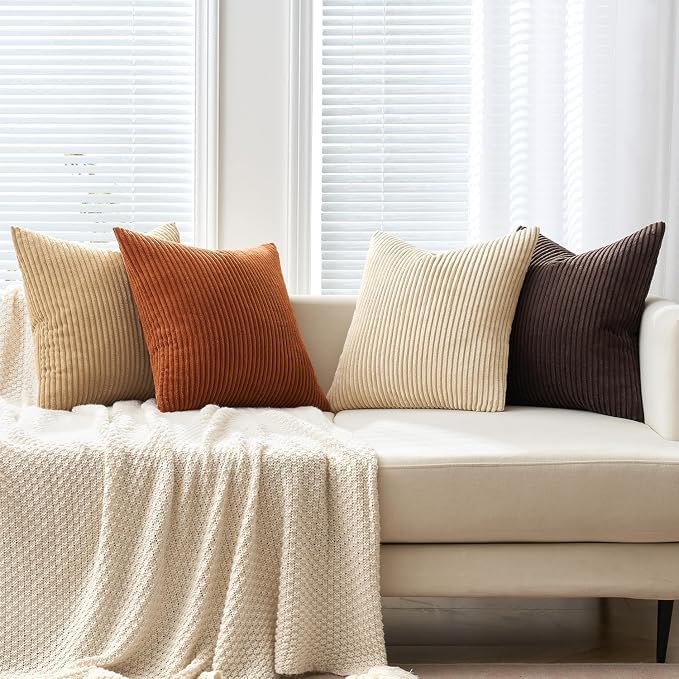 MIULEE Boho Farmhouse Throw Pillow Covers 20x20 Inch Set of 4 Rustic Mordern Neutral Cushion Covers Soft Corduroy Nordic Fall Home Decor for Couch Bed Sofa Living Room Chocolate Brown/Rust