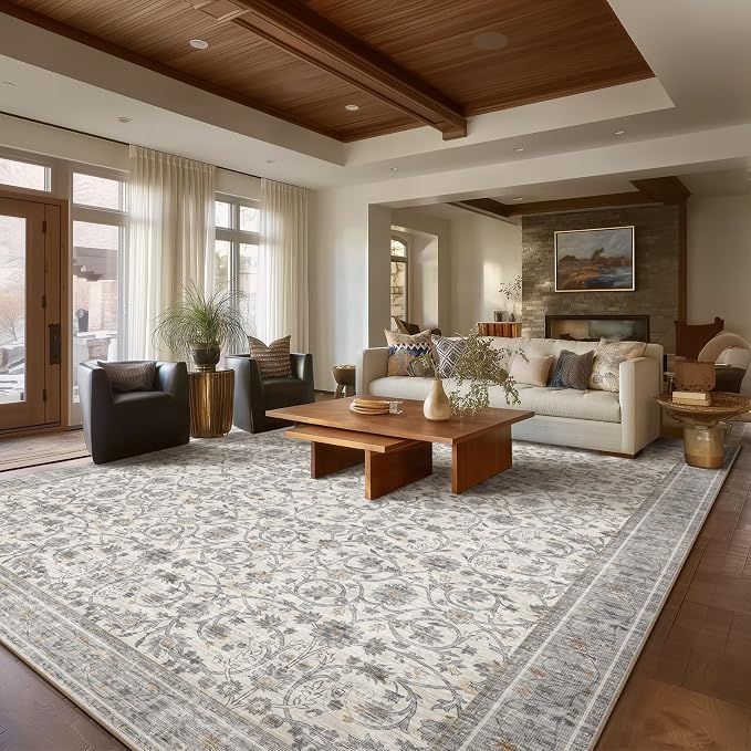Washable Rugs for Living Room: 9x12 Area Rugs for Bedroom Ultra Soft Non-Slip Stain Resistant Vintage Boho Large Carpet for High-Traffic Dining Room - Farmhouse Decor