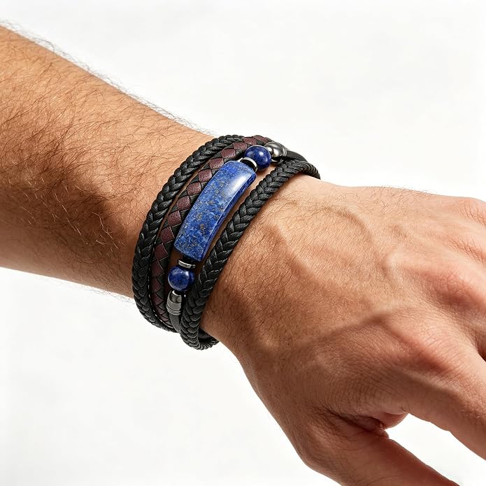 Mens Turquoise/Lapis Lazuli/Tiger Eye/Black Agate/Obsidian Leather Braided Bracelets for Father's Day/Birthdays/Graduation Jewelry Wristband Cuff Bracelet with Stainless Steel Clasp