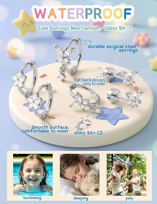 SAILIMUE Hypoallergenic Flat Back Earrings for Girls Women - Cute Toddler Kids Earrings Set Surgical Stainless Steel Earring for Sensitive Ears Small 14K Gold Plated Stud Hoop Earring Stacks