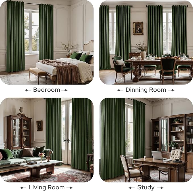 HOMEIDEAS 100% Blackout Olive Green Velvet Curtains, Thermal Insulated Luxury Vintage Winter Christmas Velvet Drapes for Bedroom, Living Room, Home Decor, 52 x 84 Inch, 2 Panels