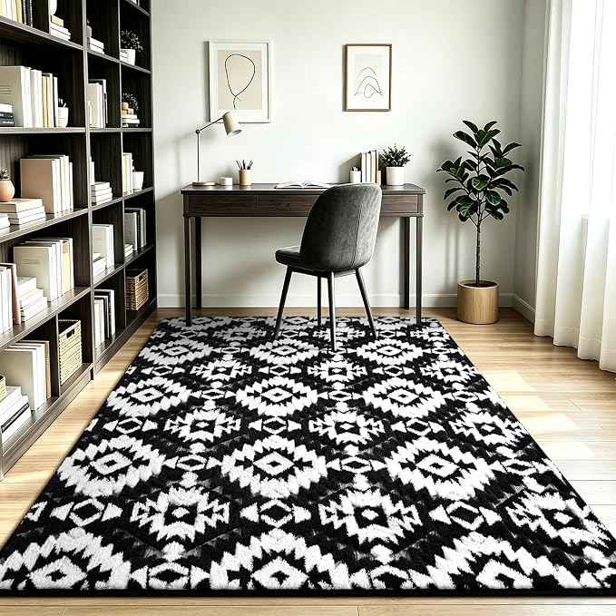 Macgace Soft Area Rug for Girls Bedroom, 3x5 Black and White Shag Rugs | Washable Non-Slip Backing Medium Pile Modren Geometric Fuzzy Carpet for Kids Room, Classroom, Living Room, Dorm