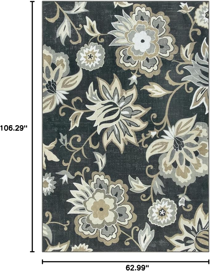 Lahome Floral Indoor Outdoor Rugs, 6x9ft Non Slip Outdoor Patio Rug for Deck Backyard, Soft Outdoor Area Rug for Camping Picnic Backyard, Washable RV Outdoor Rugs for Living Room Bedroom,Black