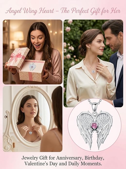 Dorunmo Guardian Angel Wing Pendant Birthstone Heart Necklace Birthday Jewelry Gifts for Women Mom Wife Daughter