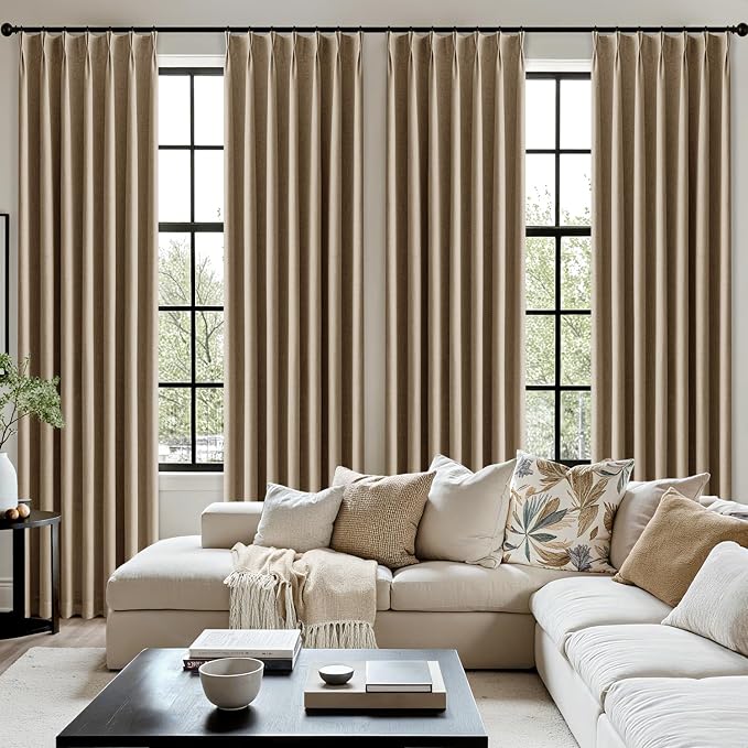 MIULEE Cafe Brown Pinch Pleated 100% Blackout Linen Curtains for Bedroom, Room Darkening Memory Trained Light Blocking Window Curtains 90 inches Long for Living Room, Black Out Pleat Drapes, 2 Panels