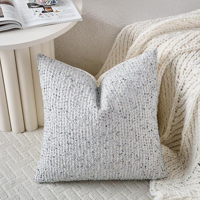 DEZENE Striped Throw Pillow Covers 16x16 Set of 2 Blue Textured Boucle Chic Morden Boho Accent Farmhouse Square Decorative Couch Pillow Covers for Home Decor Bed Sofa Living Room