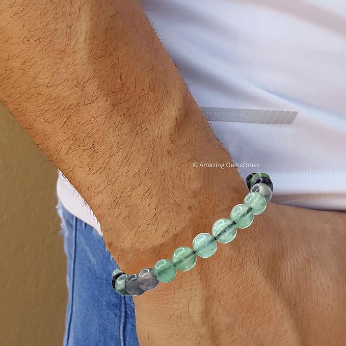 Amazing Gemstone Multi Fluorite Bracelet for Women Men's Gifts - Protection Healing Crystal Bracelet - 8mm Gemstones Beaded Adjustable Bracelet Pulseras para Hombres Mujer Stocking Stuffers