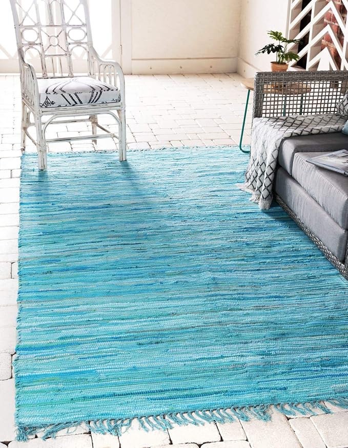 Unique Loom Chindi Cotton Collection Soft Hand Woven Natural Fiber Striped Area Rug, 2 ft 2 in x 3 ft, Turquoise/Ivory
