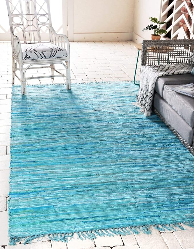 Unique Loom Chindi Cotton Collection Soft Hand Woven Natural Fiber Striped Area Rug, 9 ft x 12 ft, Turquoise/Ivory