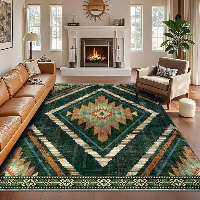 Boho Washable Area Rugs 6x9ft, Large Living Room Area Rug Non Slip, Green Moroccan Bedroom Carpets, Non Shedding Thin Soft Floor Carpet for Dining Room Nursery Home Office