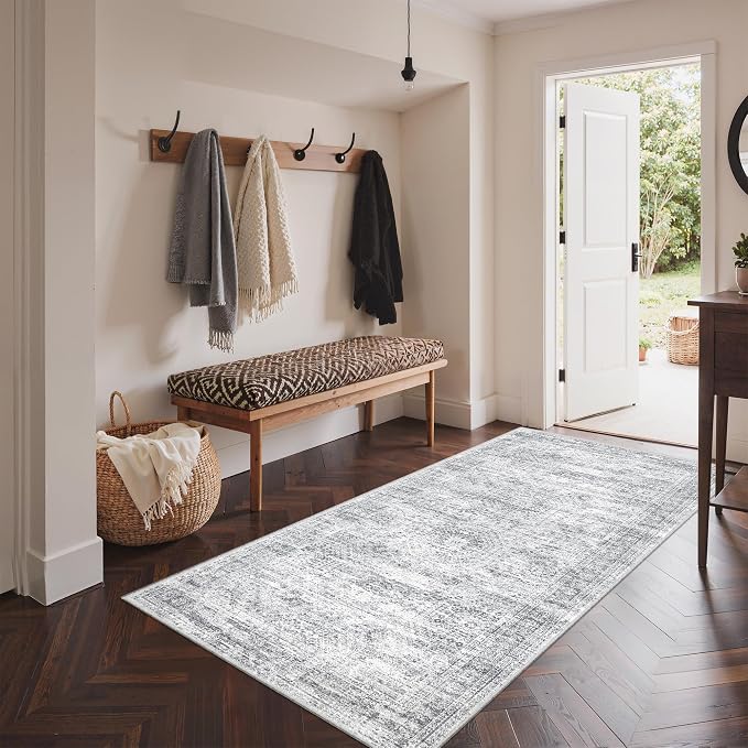 3x6 Runner Rug Non Slip,Washable Hallway Runner Rug,Grey | Neutral Rugs for Kitchen,Entryway,Bedroom,Bathroom,Nursery Room,Thin,Soft Runner Rug,Stain Resistant Indoor Carpet