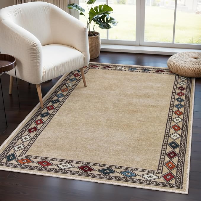 Lahome Modern Bordered Machine Washable Rug, Ultra-Thin Soft 3x5 Rugs for Entryway Bedroom, Non-Slip Stain Resistant Small Carpet for Laundry Entry (3'x 5',Beige)