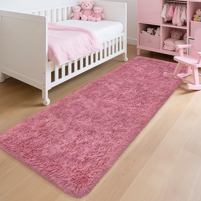 Soft Runner Rug for Bedroom Living Room, 2x6 ft Fluffy Blush Pink Rug for Bedroom Girls Room, Washable Girls Fuzzy Rugs for Kids Room Bedside Nursery Dorm Pink Shag Carpet Runner for Hallway