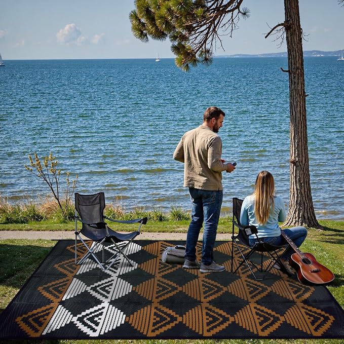 Beeiva Large Outdoor Rug 9x12 Waterproof for Patio, Reversible Plastic Straw Outdoor Rug for Backyard, Deck, Outdoor Furniture, Black Brown