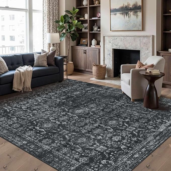 Rugxara Black Rug 6x9 Area Rugs Washable Rug for Living Room Dining Bedroom | Non Slip, Rug for Office Farmhouse Kids Room, Stain Resistant, Soft, Low Pile, Vintage Boho Floral Retro Carpet, Home Decor