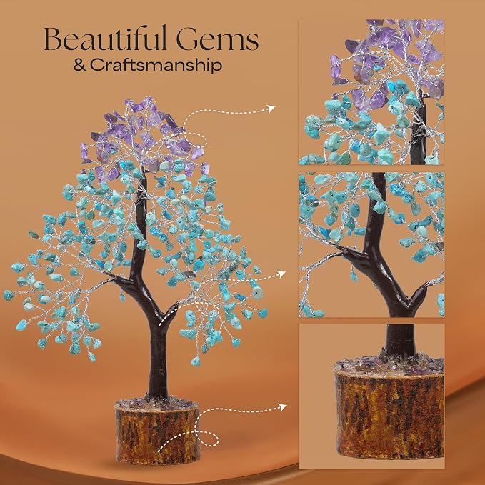 Amethyst & Turquoise Gemstone Tree with 2 Chakra Pendants, Crystal Tree, Fake Plants Home Decor, Birthday Gifts for Women, Office Desk Accessories, Crystals and Healing Stones, Room Decor