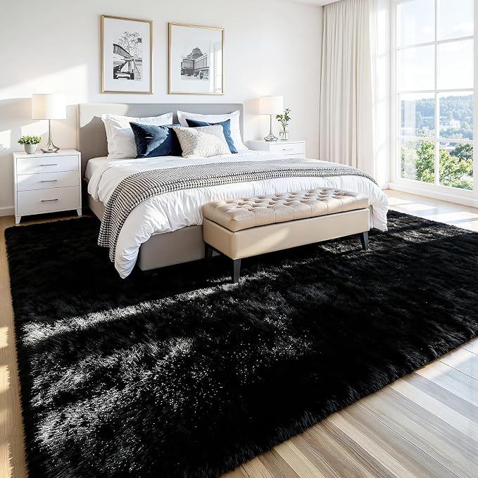 6x9 Area Rug for Living Room, Ultra Soft Fluffy Black Rugs for Bedroom, Non Slip Large Shag Carpet, Fuzzy Plush Nursery Rug, Thick Washable Indoor Floor Carpets for Kids Office Dorm Home Decor