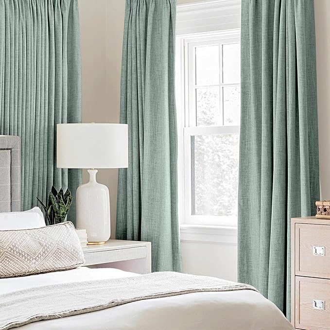 MIULEE Linen Texture Curtains for Bedroom Solid 100% Blackout Thermal Insulated Seafoam Green Curtains Grommet Room Darkening Drapes for Living Room Nursery 52x96 Inch (2 Panels)