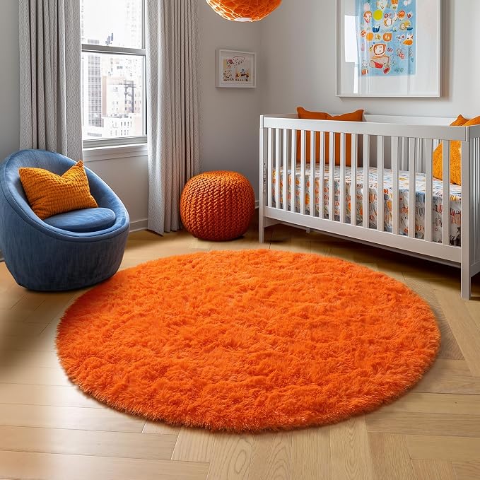 Amdrebio Orange Round Circle Rug 5Ft for Bedroom Living Room, Fluffy Fuzzy Shaggy Area Rugs for Kids Room Decor Aesthetic, Cute Furry Plush Shag Carpet for Baby Nursery Dorm Playroom, Teen Girls Boys
