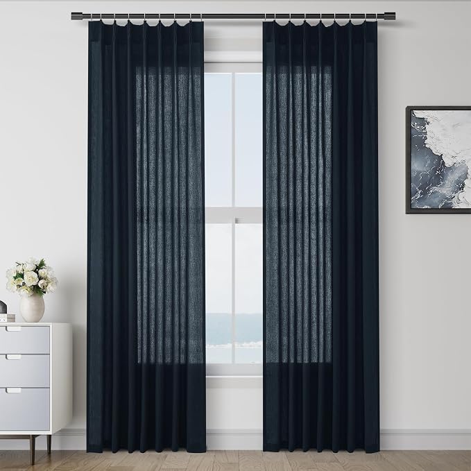 Aersas Navy Blue Pinch Pleated Linen Curtains 84 Inch Length 2 Panels for Living Room Bedroom Semi Sheer Window Curtain Boho Neutral Back Tab Pinch Pleat Drape with Hooks 84 Inches Long 40x84