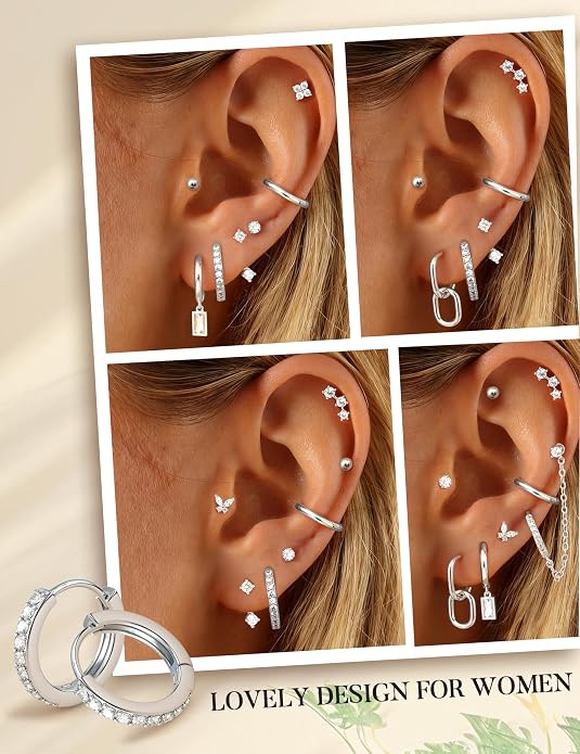 Small 14K Gold Plated Huggie Hoop Earrings for Women Lightweight Double Piercing Chain Earrings Dainty Stud Earrings Hypoallergenic 14K Gold Plated Hoop Earrings Set