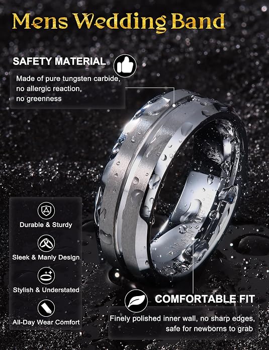 Jstyle Tungsten Wedding Rings for Men Black/Silver/Gold Mens Wedding Band 8MM Mens Engagement Rings Groove Beveled Edges High Polish/Matte Finish Men's Promise Ring Comfort Fit Size 7-14