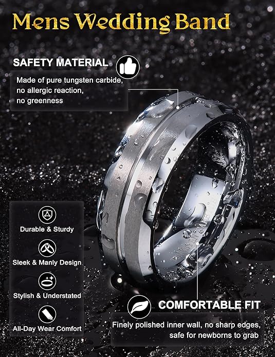 Jstyle Tungsten Wedding Rings for Men Black/Silver/Gold Mens Wedding Band 8MM Mens Engagement Rings Groove Beveled Edges High Polish/Matte Finish Men's Promise Ring Comfort Fit Size 7-14