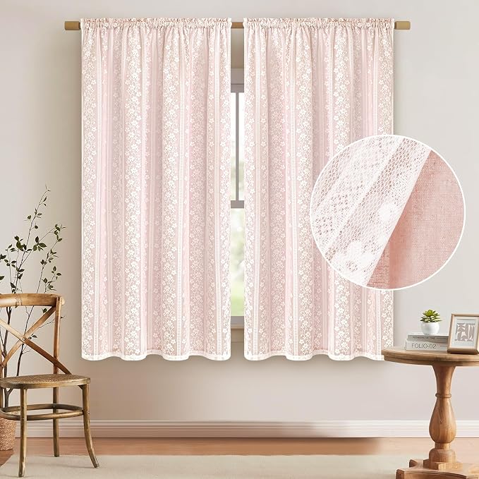 ASPMIZ Linen Pink Curtains for Bedroom, Double Layered Boho Curtain 63 Inch Length, Farmhouse Rod Pocket Curtains & Drapes with Tiebacks, Light Filtering Curtain for Living Room, 52 x 63 Inch, 2PCS
