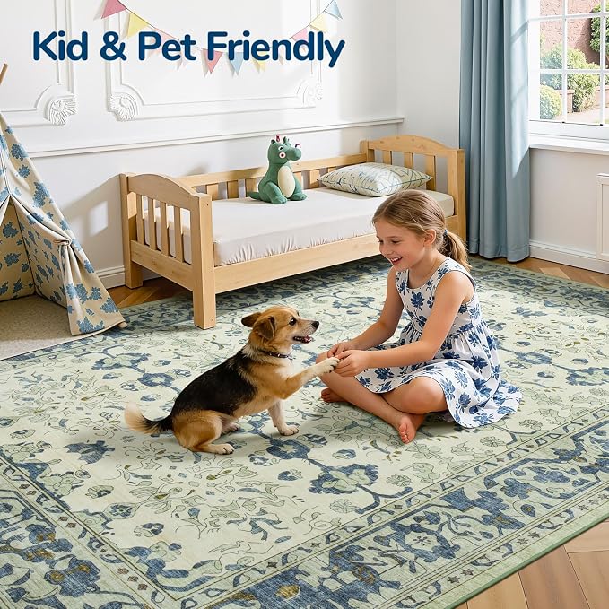 Lessymo Washable Area Rug for Living Room,8x10 Large Rugs with Non-Slip Backing,Soft Boho Carpets for Bedroom Dining Room Nursery Home Office,Light Blue