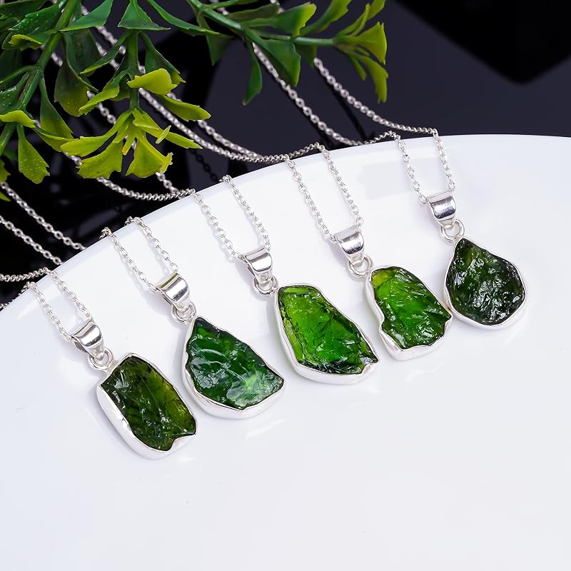 Natural Real Raw Chrome Diopside Crystals Bezel Pendant Necklace, Healing Rough Gemstone, 925 Sterling Silver Jewelry 18 inch