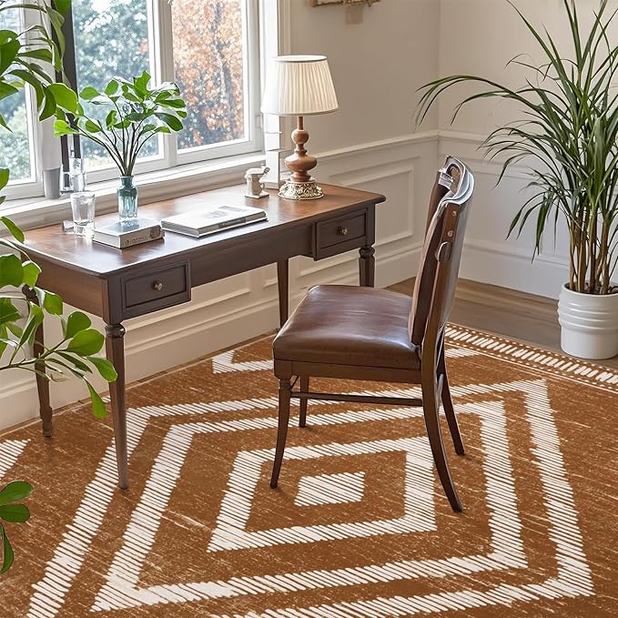 Boho Area Rugs 4x6ft Non Slip, Brown Washable Rug for Living Room, Soft Bedroom Carpet, Low Pile Moroccan Area Floor Carpets for Dining Room Kids Nursery Farmhouse