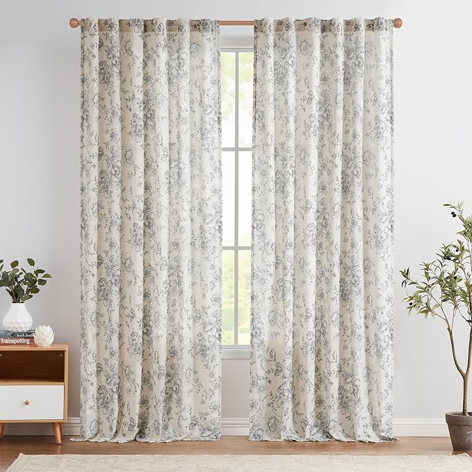 jinchan Grey Floral Linen Curtains 96 Inch Farmhouse Back Tab 2 Panels | Light filtering drapes, semi sheer, farmhouse, cottagecore, rustic, living room, bedroom, rod pocket, window treatment