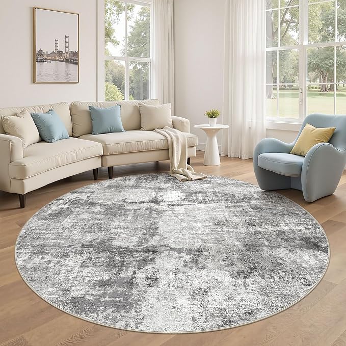 DMOYEST 6ft Round Area Rug for Living Room - 6x6 Washable & Non Slip Circle Rug, Kid & Pet Friendly Soft Low Pile Abstract Carpet for Bedroom and Dining Room - Grey