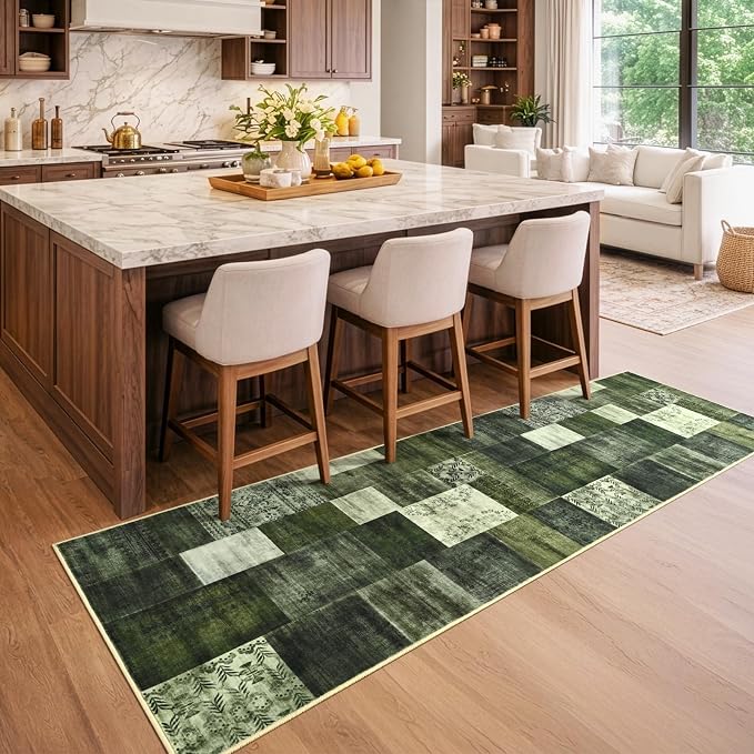 DweIke Runner Rug for for Hallways, 2'x6' Washable Kitchen Rugs with Non Slip Rubber Backing, Soft Low Pile Non-Shedding Geometric Carpet for Laundry Bedroom Bathroom, Green