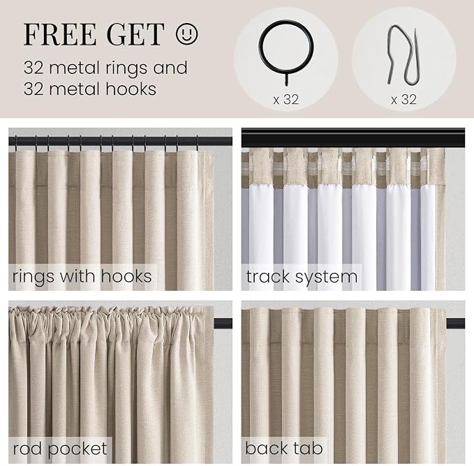 Topfinel Oatmeal 108 Inch Tall Blackout Bedroom Curtains, Versatile Linen Window Drapes with Back Tabs for Track System, Energy efficient Soundproofing Neutral Rustic Panels Oatmeal 52" W*108" L