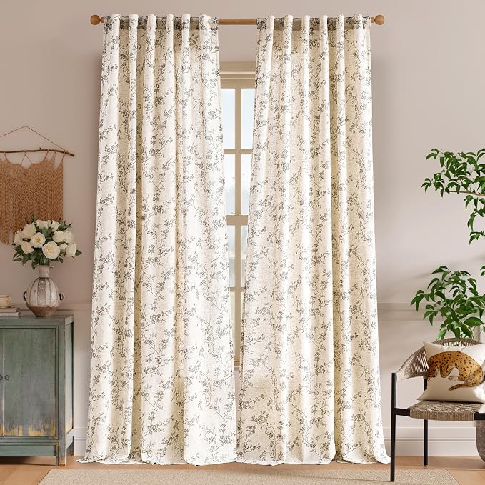 Lazzzy Farmhouse Linen Curtains Extra Long Gray Floral Curtains 108 Inch Long Back Tab Drapes for Living Room Bedroom Light Filtering Country Vintage Rod Pocket, 2 Panels, Grey on Beige