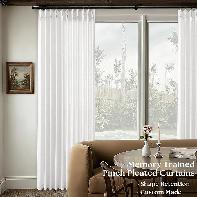 Pinch Pleated Linen 102 Inch Curtain 72 Inch Width Light Filtering | Semi Sheer, Ivory Off White, Extra Wide Drapes, for Living Room Divider, Patio Balcony, Floor to Ceiling, Window Sliding Door