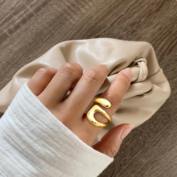 Gelbesty Waterproof Gold Statement Rings for Women, 14K Gold Plated Chunky Open Stackable Rings Non Tarnish Fashion Adjustable Stainless Steel Pinky Knuckle Signet Vintage Ring Jewelry Size 5-11