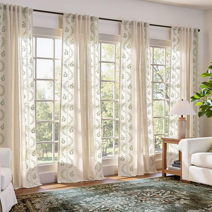 jinchan Floral Linen Curtains 84 Inch Back Tab 4 Panels Sage Green | Embroidered curtains,boho curtains,living room,bedroom,light filtering,privacy,flower patterned drapes,window treatment