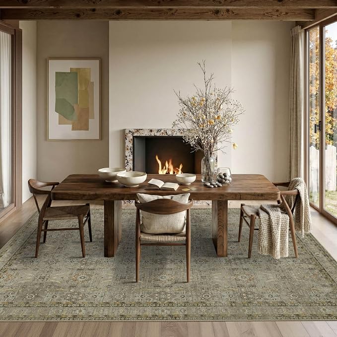 Rugxara 6x9 Area Rugs Washable Rug for Living Room Dining Room, Olive/Green | Non Slip, Rug for Bedroom Office Farmhouse, Stain Resistant, Soft, Low Pile, Vintage Boho Floral Retro Carpet, Home Decor