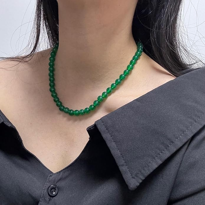Kakikaki Natural Agate Choker Necklace Sterling Silver Round Beads Strand Necklace for Women