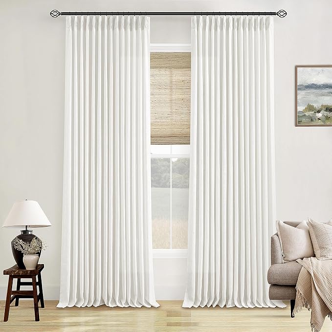 TWODRAPES 86 Inch Pinch Pleated Linen Curtains 2 Panels for Living Room Bedroom Memory Training Shaped Semi Sheer Pleat Drapes with Hooks Rings Light Filtering Window Curtain 40x86 Beige White
